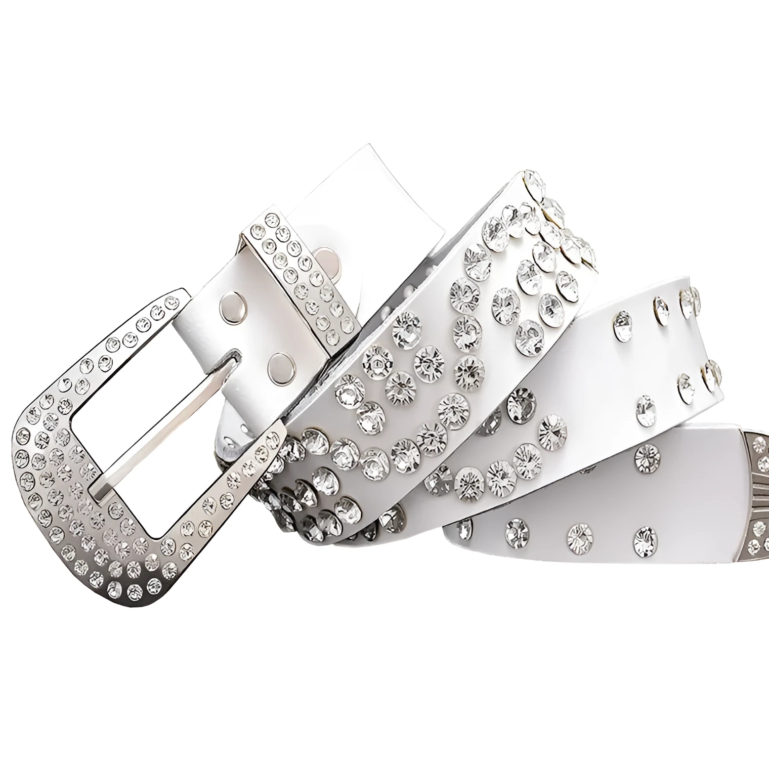 Leather ladies belt with diamond-studded cowhide pin buckle, alloy D-shape buckle, rhinestone mosaic, two-layer cowhide