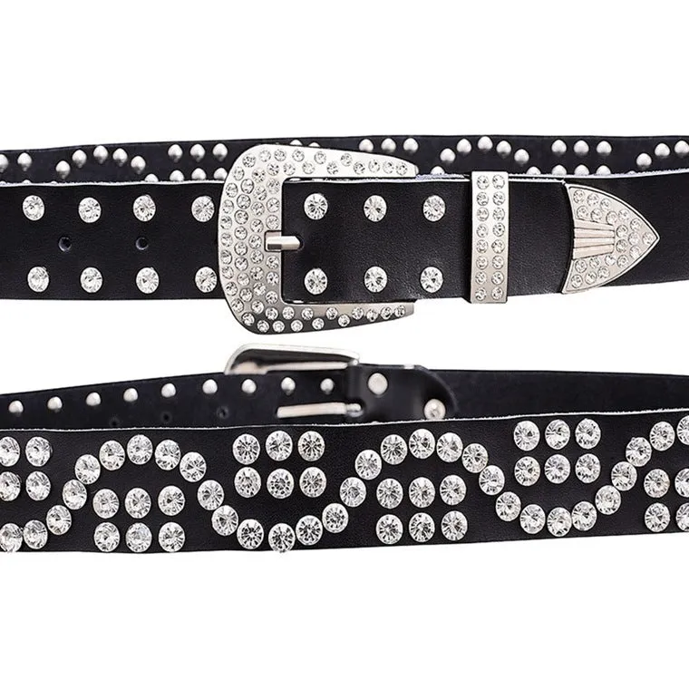 Leather ladies belt with diamond-studded cowhide pin buckle, alloy D-shape buckle, rhinestone mosaic, two-layer cowhide