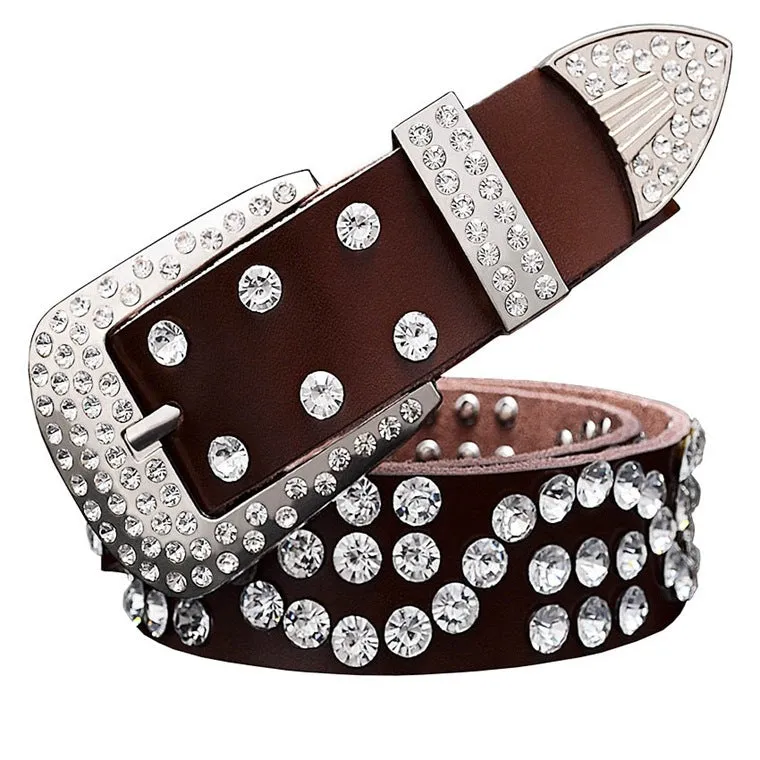 Leather ladies belt with diamond-studded cowhide pin buckle, alloy D-shape buckle, rhinestone mosaic, two-layer cowhide