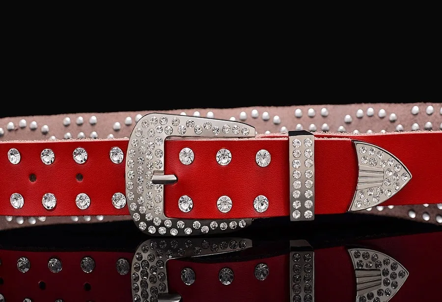 Leather ladies belt with diamond-studded cowhide pin buckle, alloy D-shape buckle, rhinestone mosaic, two-layer cowhide