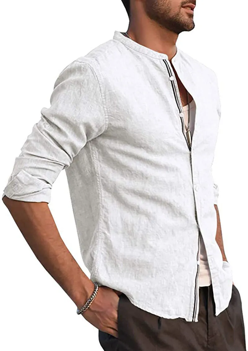 European and American summer casual plain long-sleeved cardigan in hemp blend fabric, loose fit, standing collar, available in multiple colours and sizes