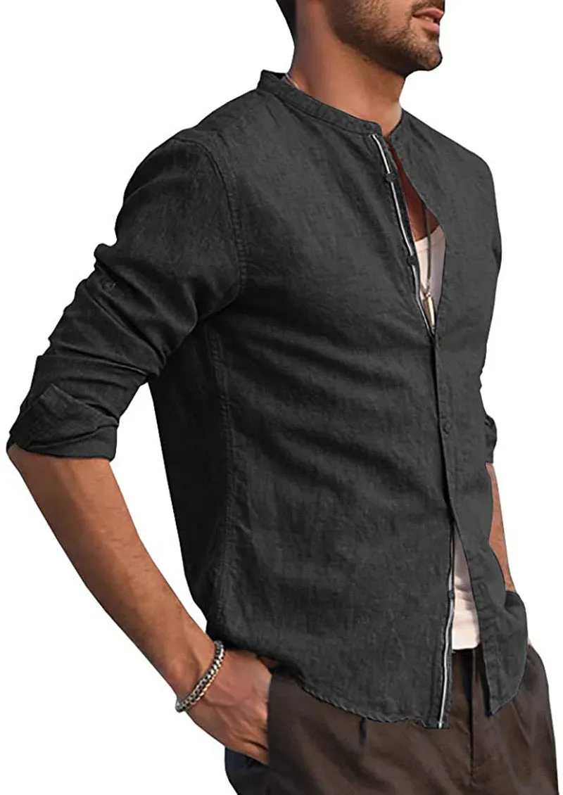 European and American summer casual plain long-sleeved cardigan in hemp blend fabric, loose fit, standing collar, available in multiple colours and sizes
