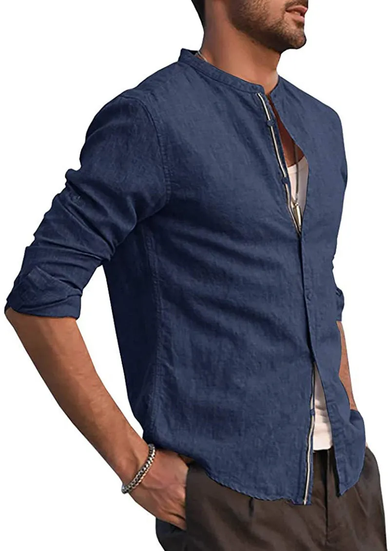 European and American summer casual plain long-sleeved cardigan in hemp blend fabric, loose fit, standing collar, available in multiple colours and sizes