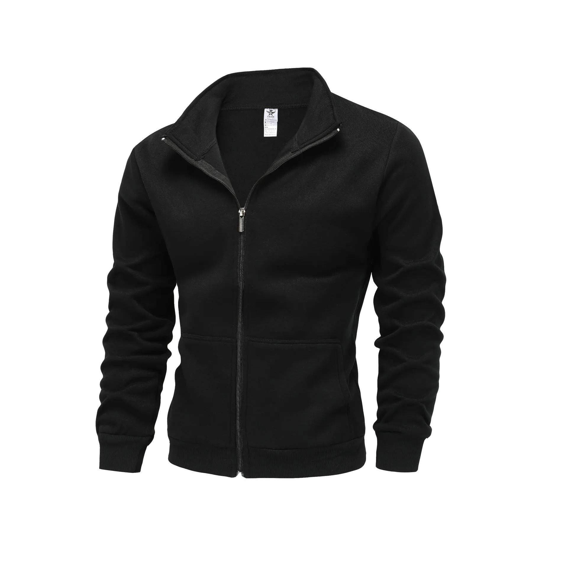Men's loose fit polyester cardigan jacket in black with dimensional patch pocket, front view