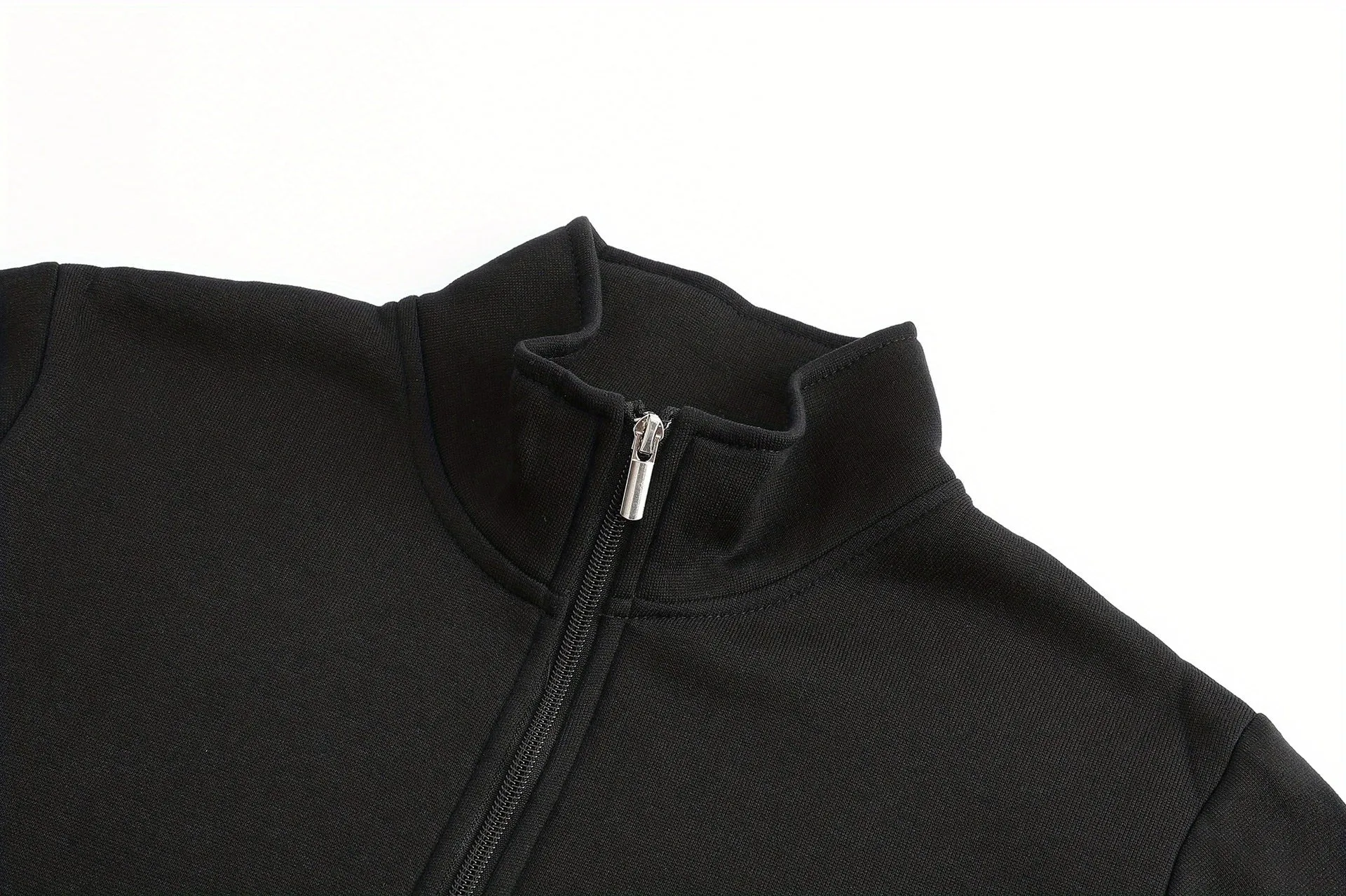 Men's loose fit polyester cardigan jacket in black with dimensional patch pocket, front view