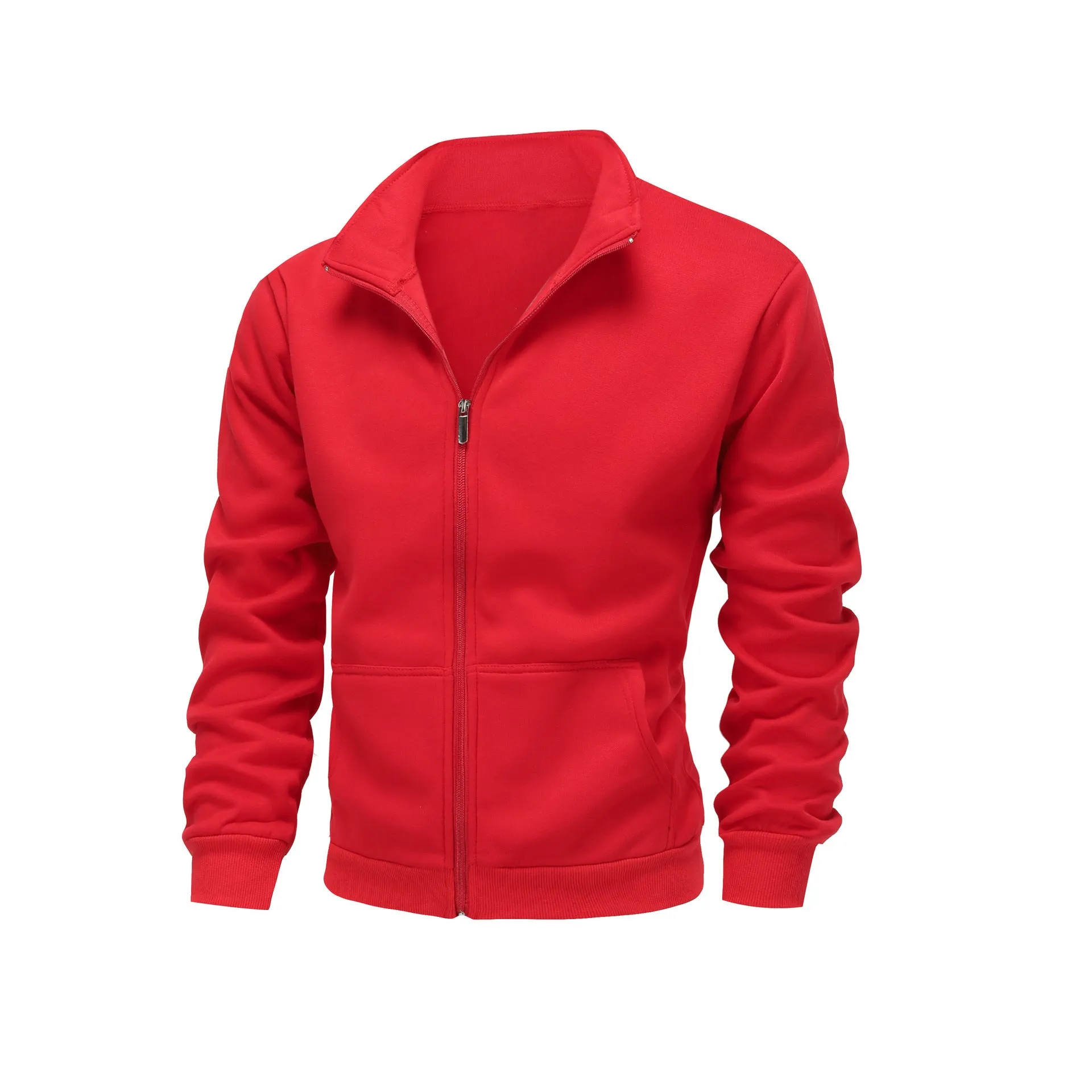 Men's loose fit polyester cardigan jacket in black with dimensional patch pocket, front view