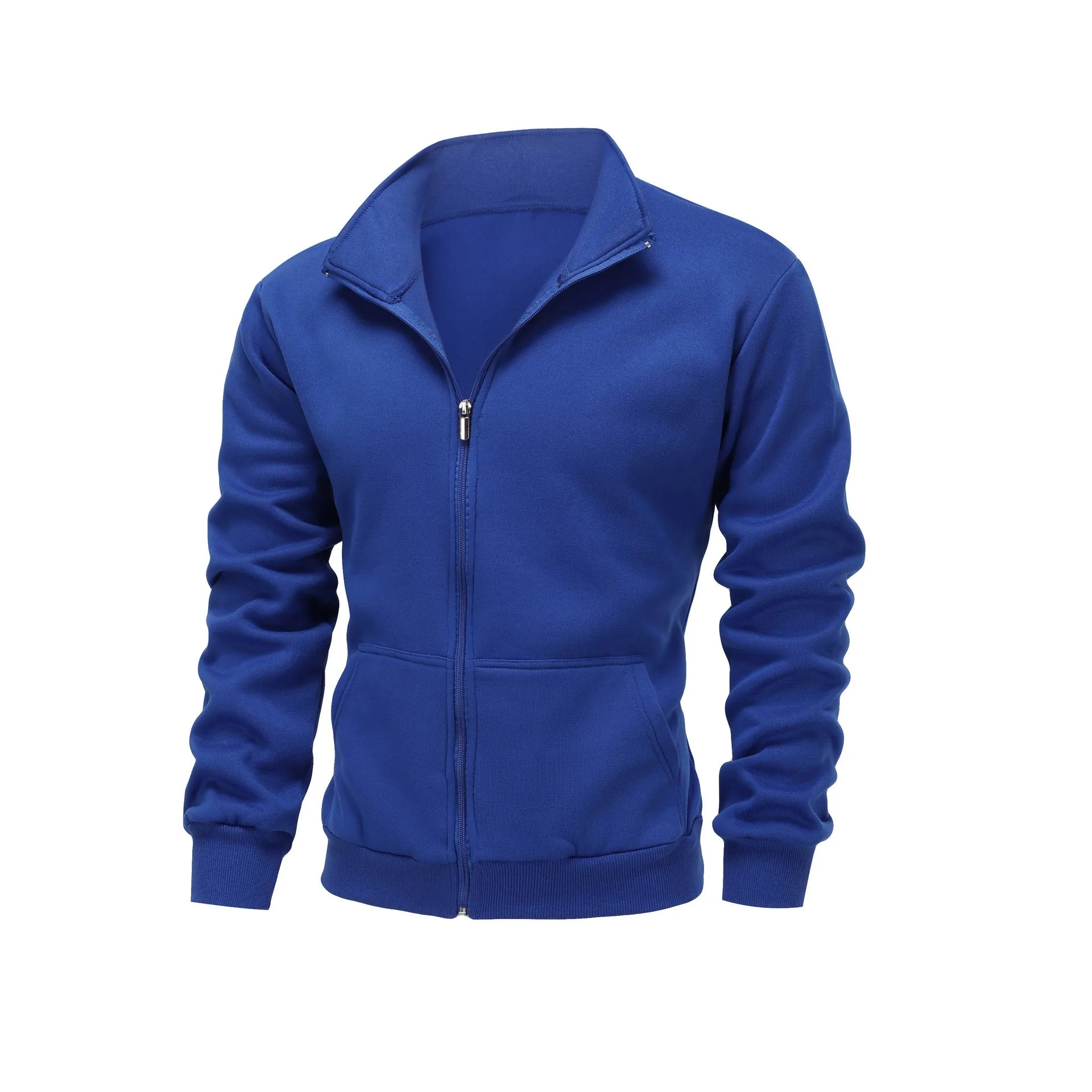 Men's loose fit polyester cardigan jacket in black with dimensional patch pocket, front view