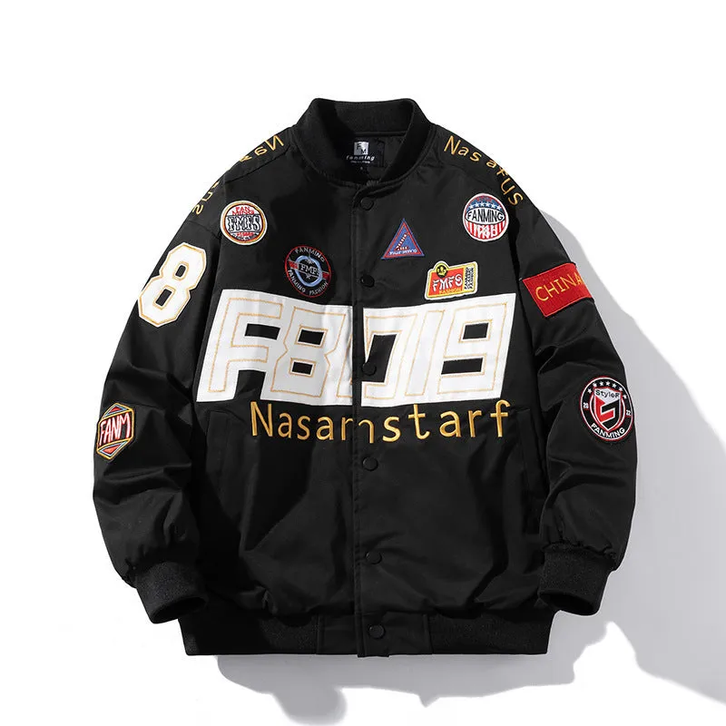Thick polyester motorcycle jacket for men embroidered baseball design side pockets drawstring sleeves