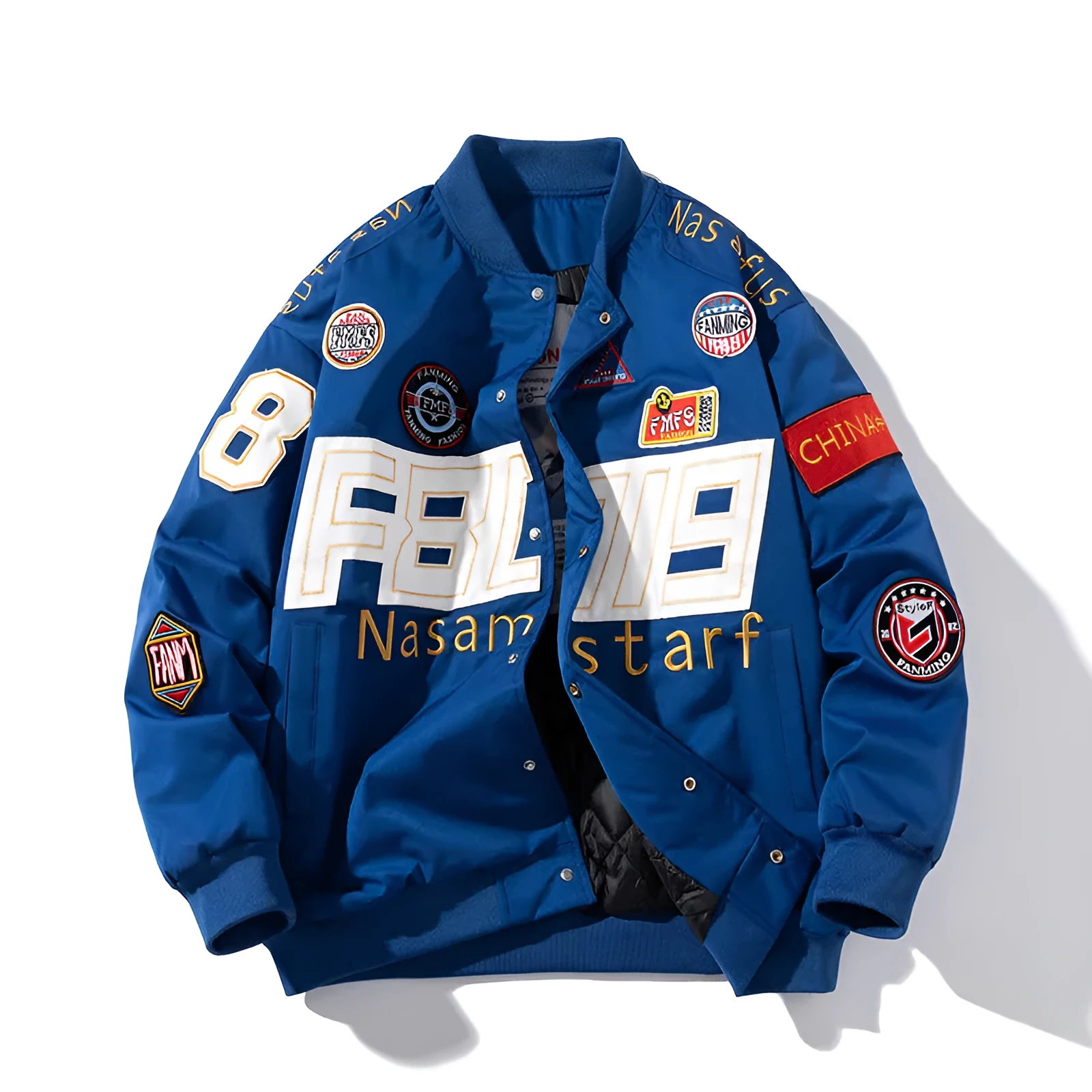 Thick polyester motorcycle jacket for men embroidered baseball design side pockets drawstring sleeves