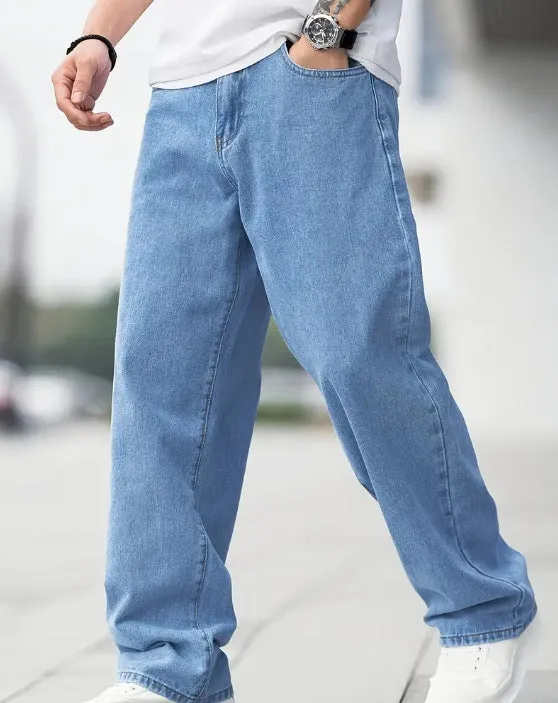 Men's sky blue denim loose straight casual trousers with zipper fly