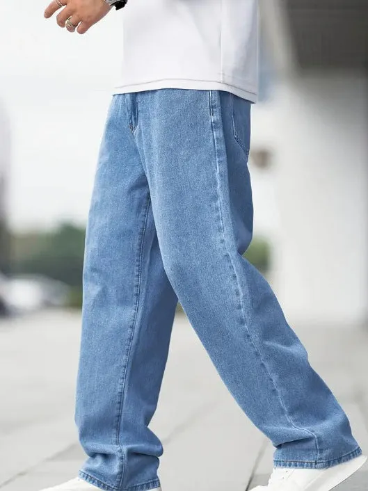Men's sky blue denim loose straight casual trousers with zipper fly