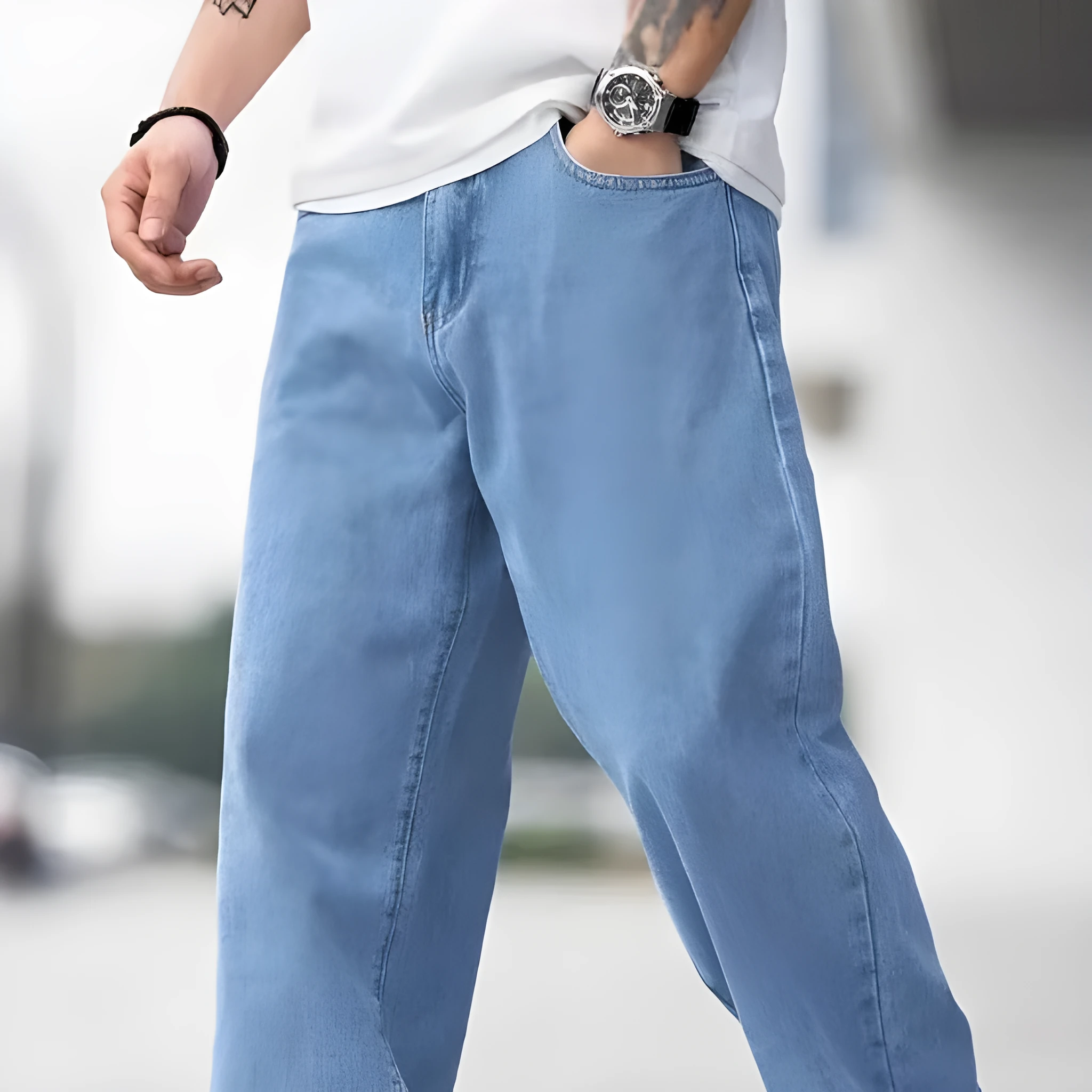 Men's sky blue denim loose straight casual trousers with zipper fly