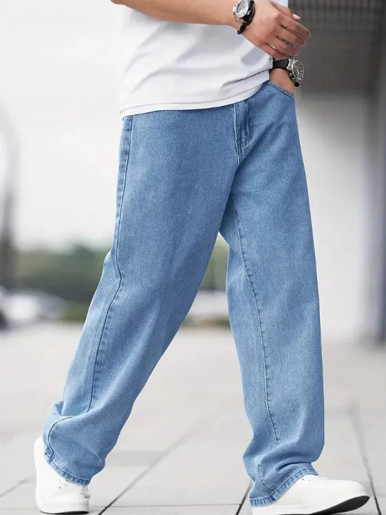 Men's sky blue denim loose straight casual trousers with zipper fly