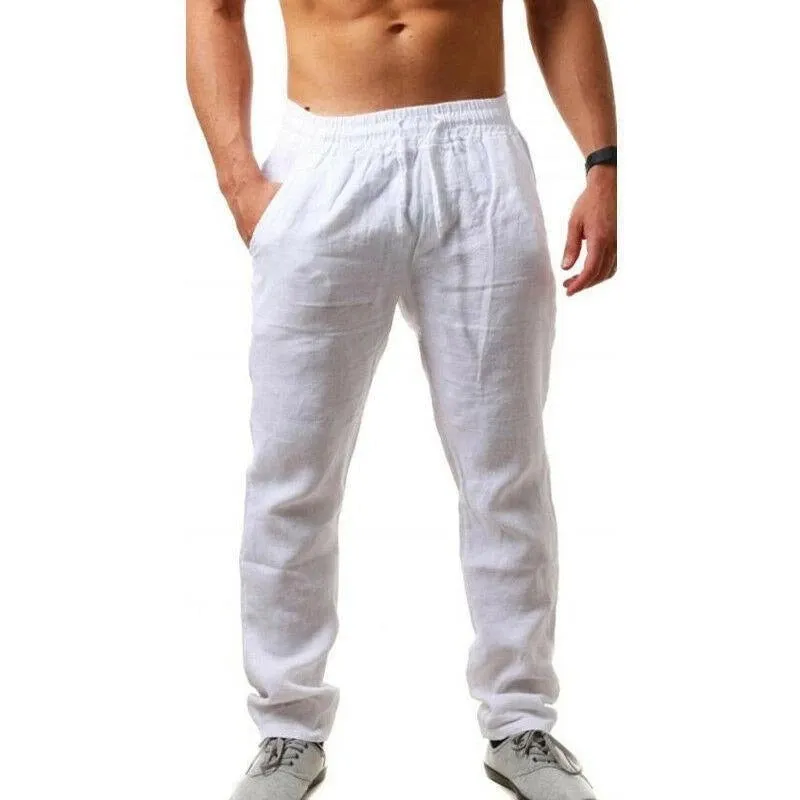 Summer men's loose-fit linen cotton blend trousers in beige, shown from front, available in sizes S to 4XL