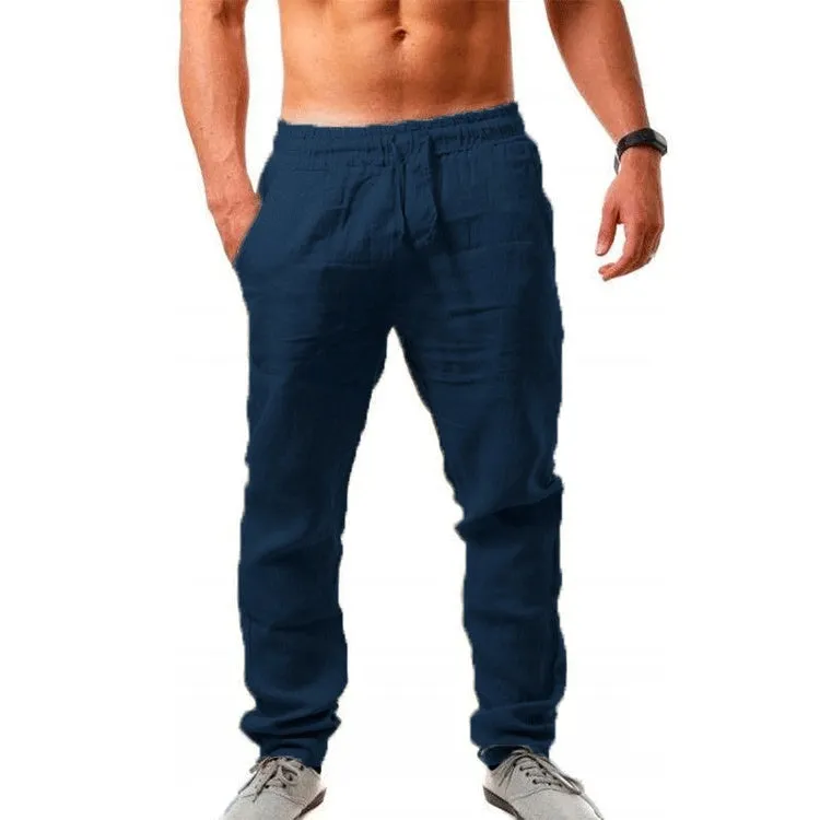 Summer men's loose-fit linen cotton blend trousers in beige, shown from front, available in sizes S to 4XL