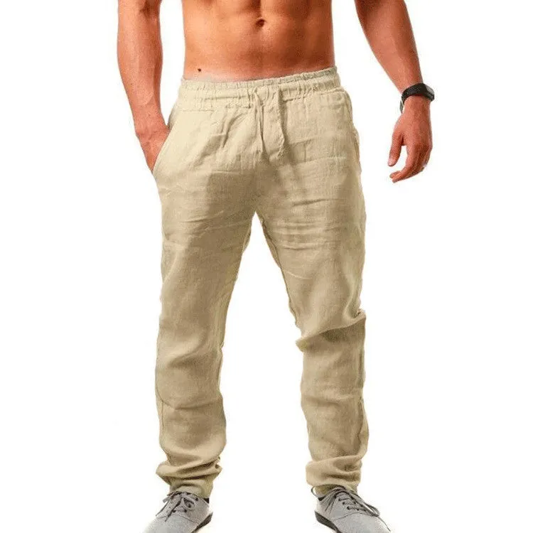 Summer men's loose-fit linen cotton blend trousers in beige, shown from front, available in sizes S to 4XL