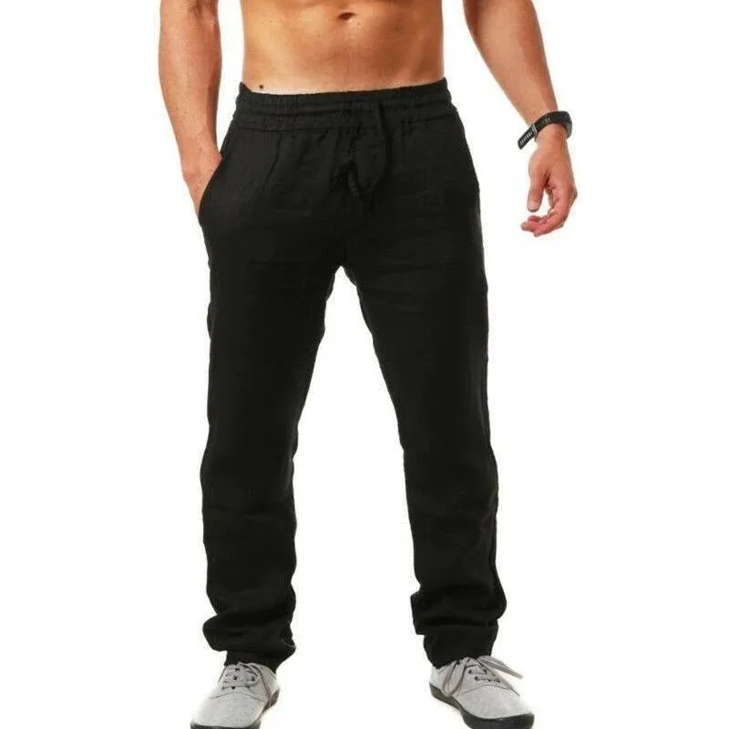 Summer men's loose-fit linen cotton blend trousers in beige, shown from front, available in sizes S to 4XL