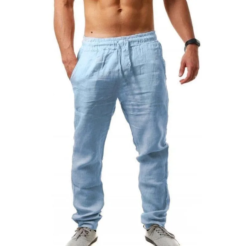 Summer men's loose-fit linen cotton blend trousers in beige, shown from front, available in sizes S to 4XL