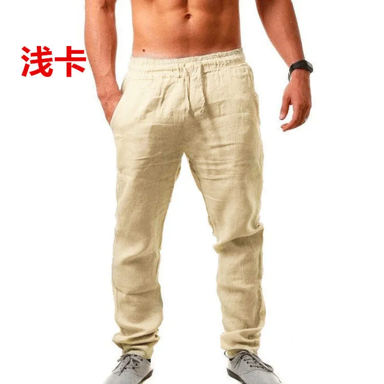 Summer men's loose-fit linen cotton blend trousers in beige, shown from front, available in sizes S to 4XL