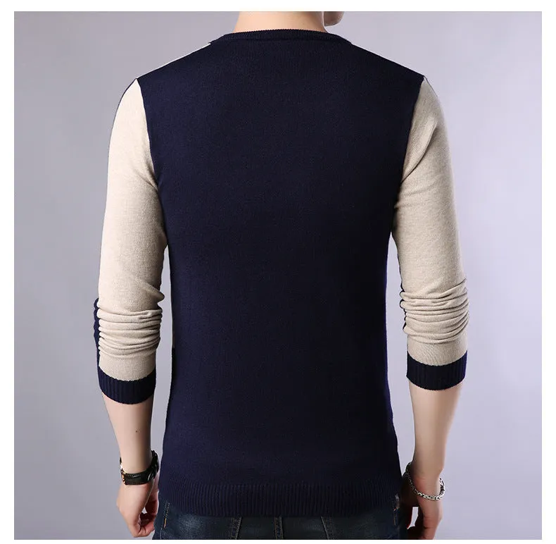Men's wool blend crew neck pullover sweater in Black, Dark Blue, and Red colours