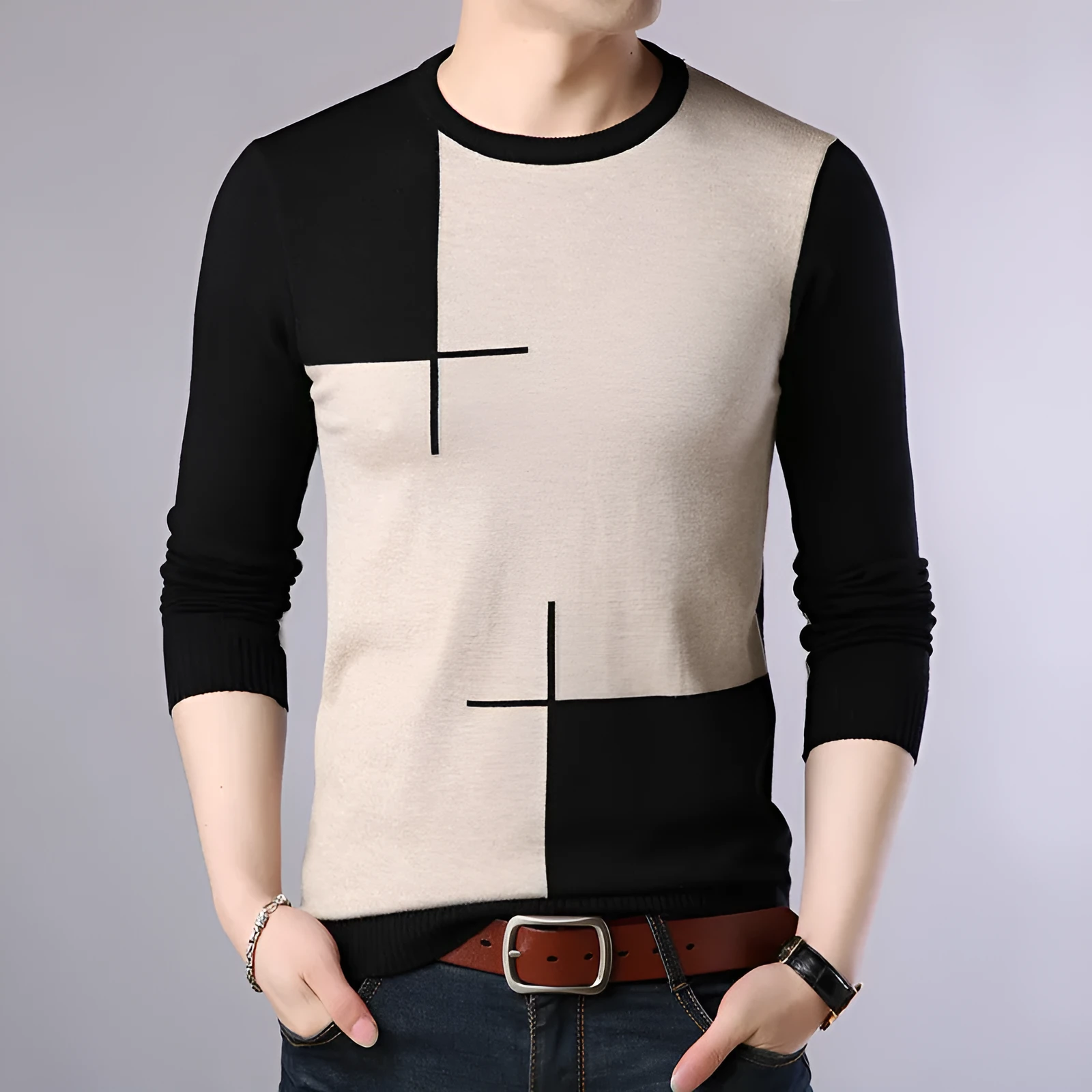 Men's wool blend crew neck pullover sweater in Black, Dark Blue, and Red colours