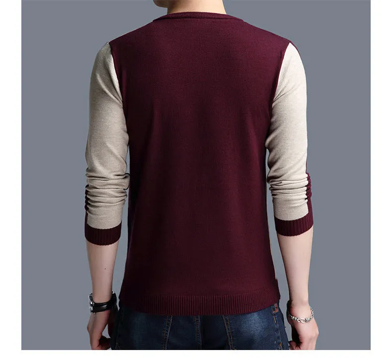 Men's wool blend crew neck pullover sweater in Black, Dark Blue, and Red colours