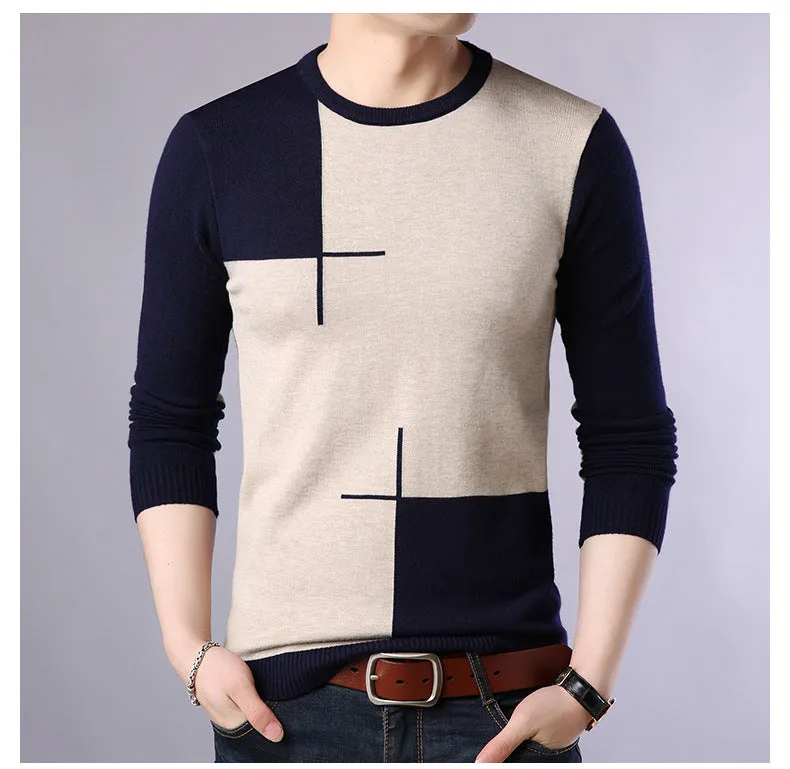 Men's wool blend crew neck pullover sweater in Black, Dark Blue, and Red colours