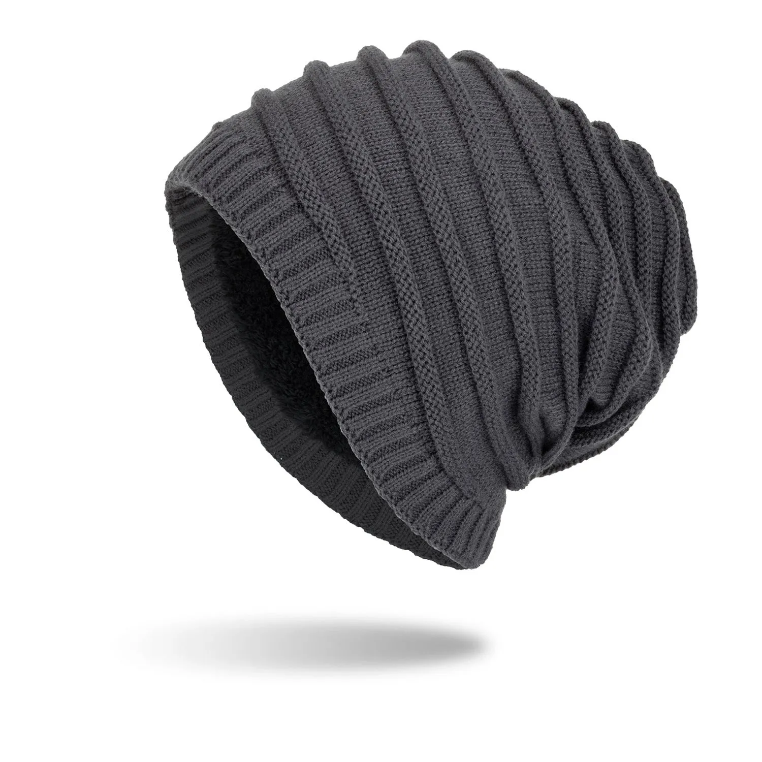 Men's wool knitted hat with ear guards in geometric jacquard pattern, dome style, in black colour