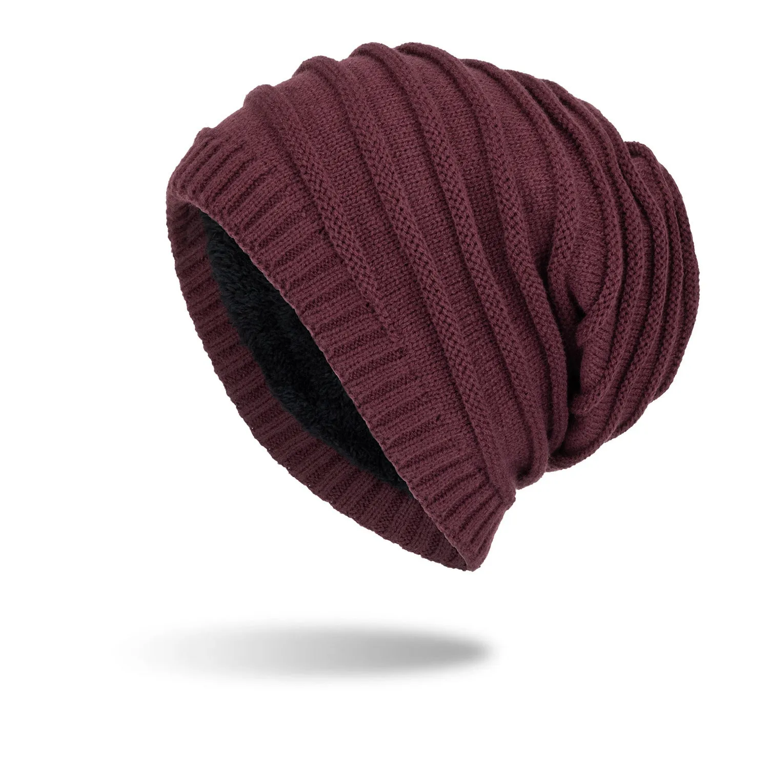 Men's wool knitted hat with ear guards in geometric jacquard pattern, dome style, in black colour