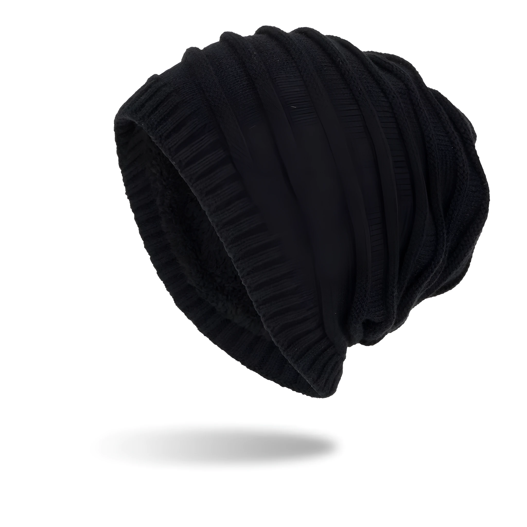 Men's wool knitted hat with ear guards in geometric jacquard pattern, dome style, in black colour