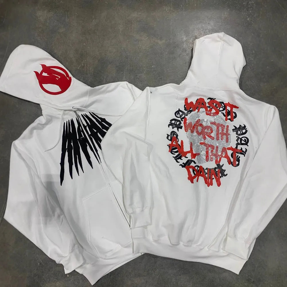 Black loose hooded sweatshirt with white skull and letter print, detailed with hot rhinestones.