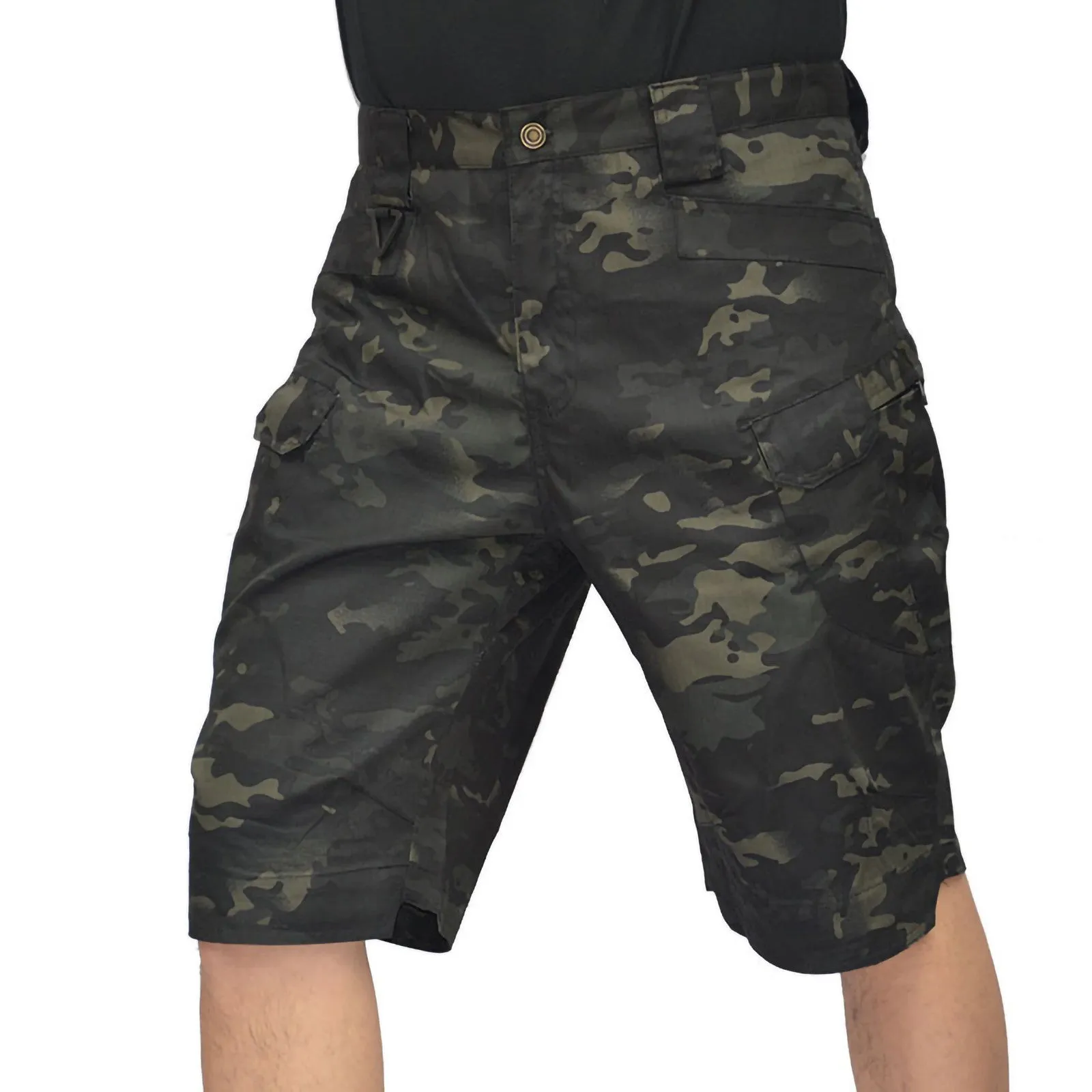 IX7 tactical cargo shorts in black and mangled camouflage, cotton blended straight leg, outdoor use
