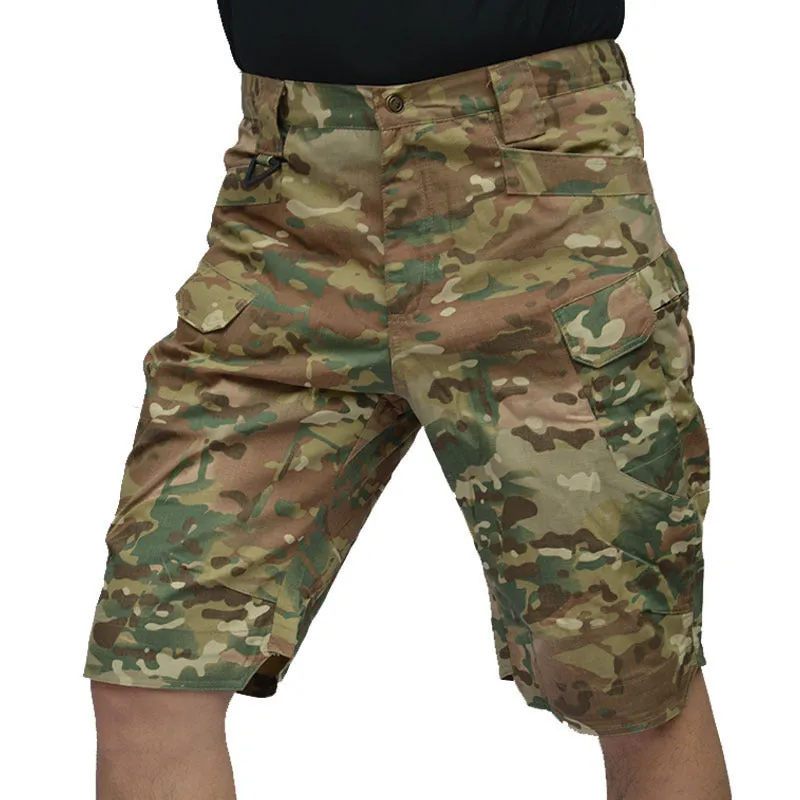 IX7 tactical cargo shorts in black and mangled camouflage, cotton blended straight leg, outdoor use