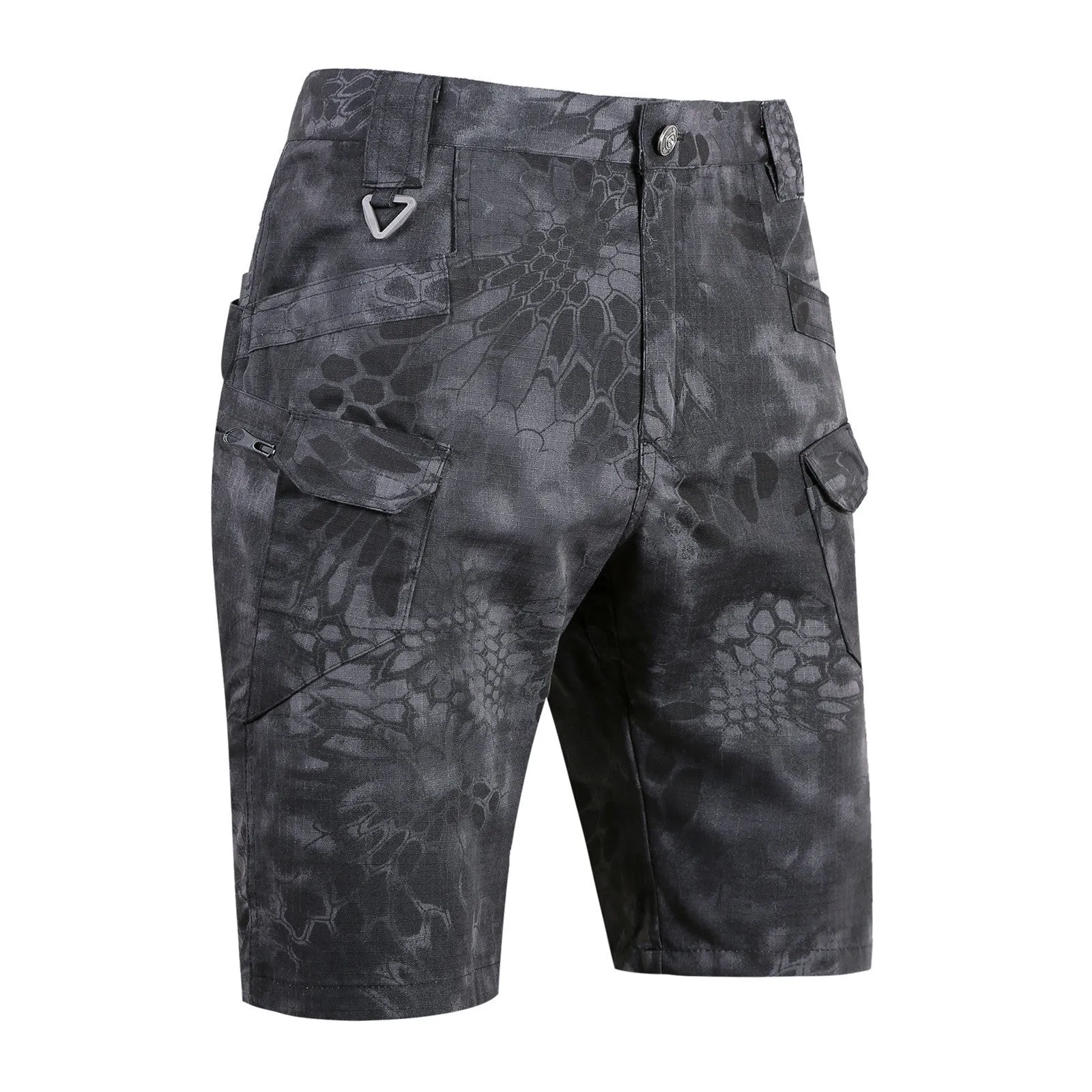 IX7 tactical cargo shorts in black and mangled camouflage, cotton blended straight leg, outdoor use
