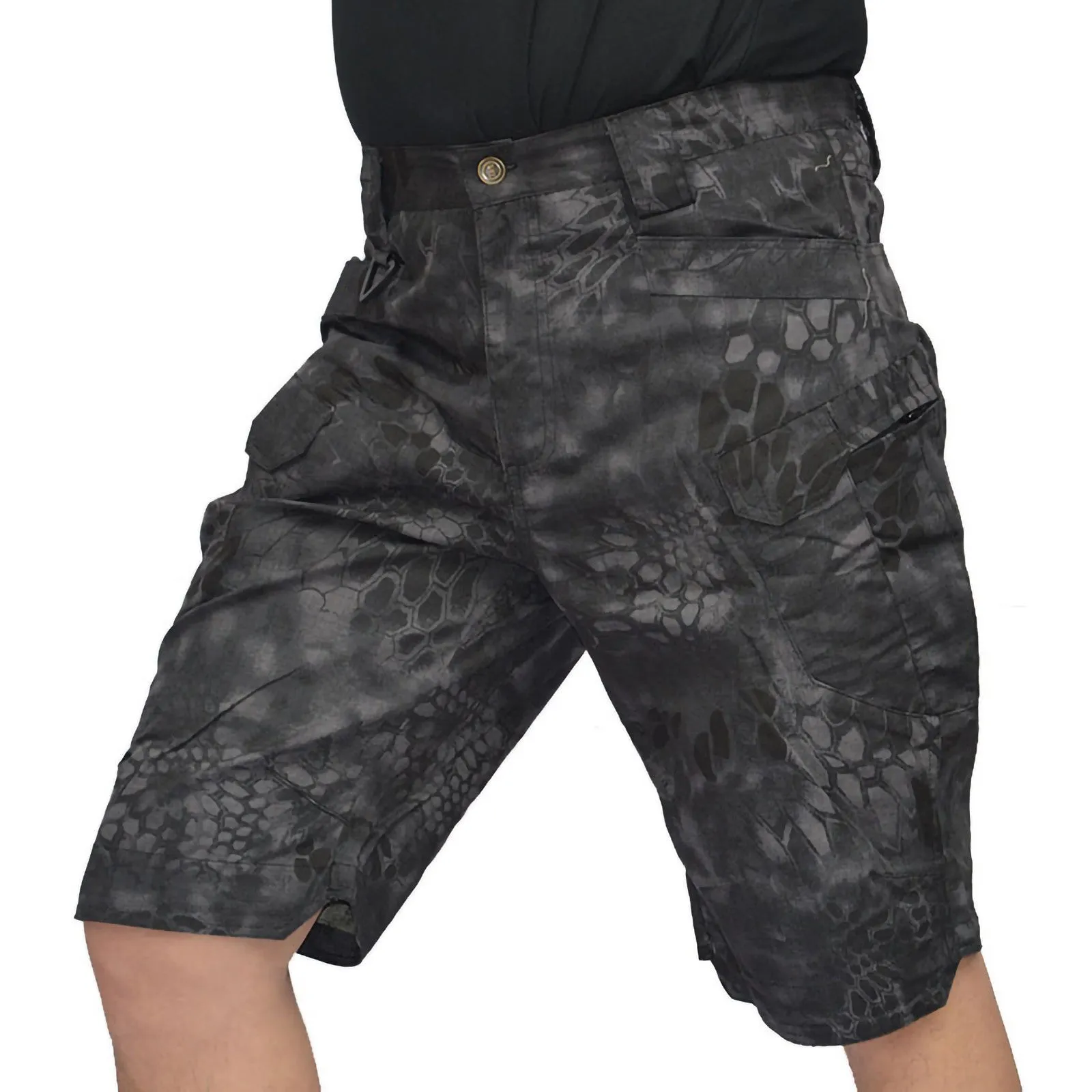IX7 tactical cargo shorts in black and mangled camouflage, cotton blended straight leg, outdoor use