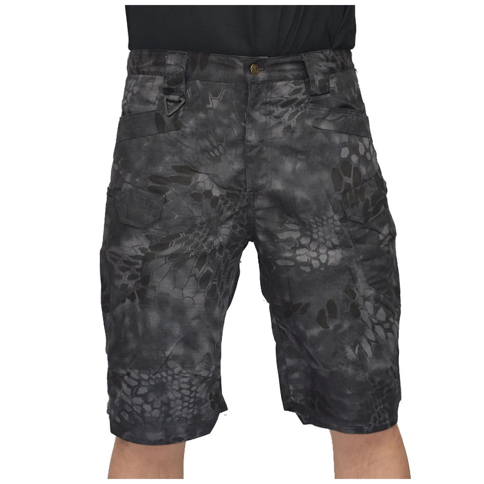 IX7 tactical cargo shorts in black and mangled camouflage, cotton blended straight leg, outdoor use