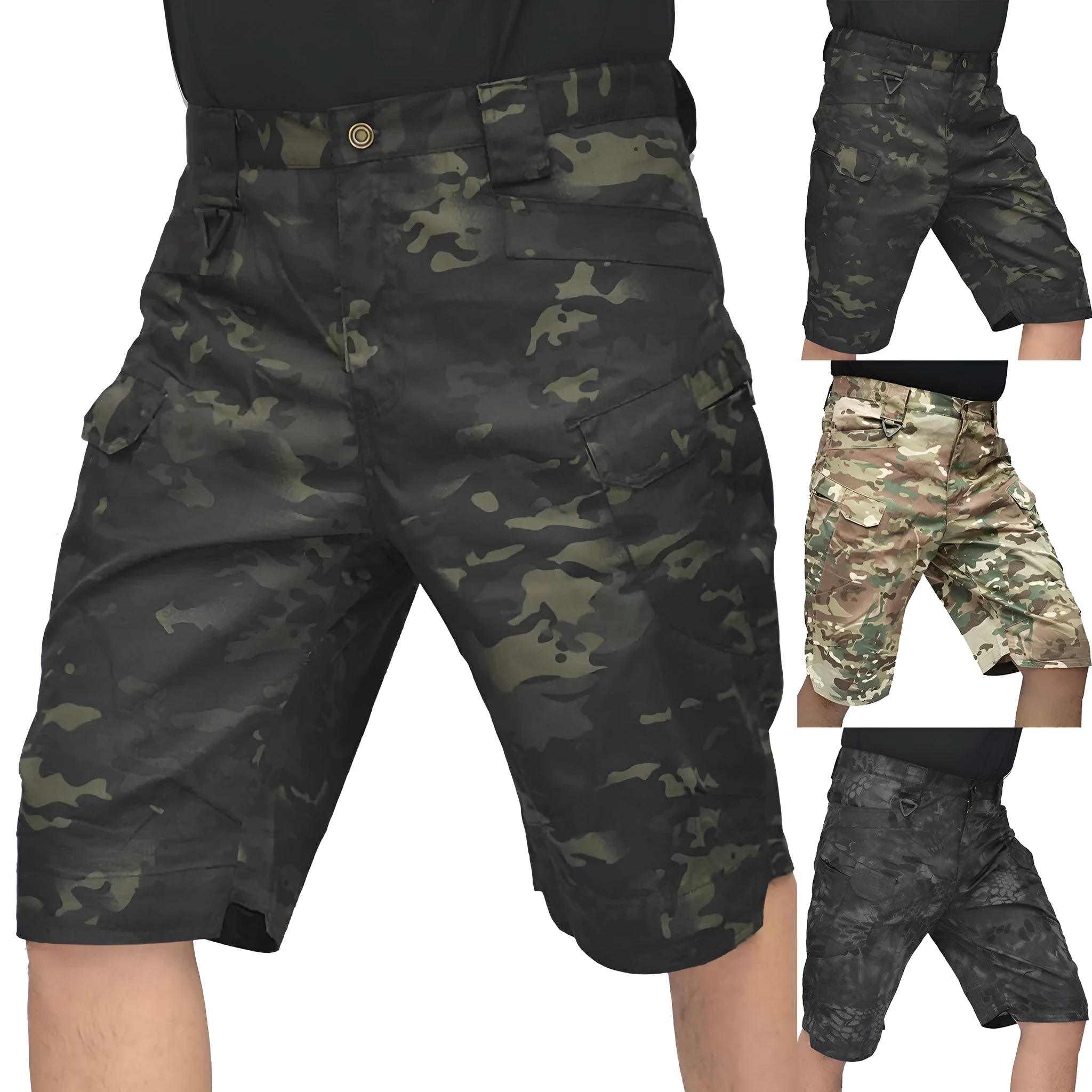 IX7 tactical cargo shorts in black and mangled camouflage, cotton blended straight leg, outdoor use