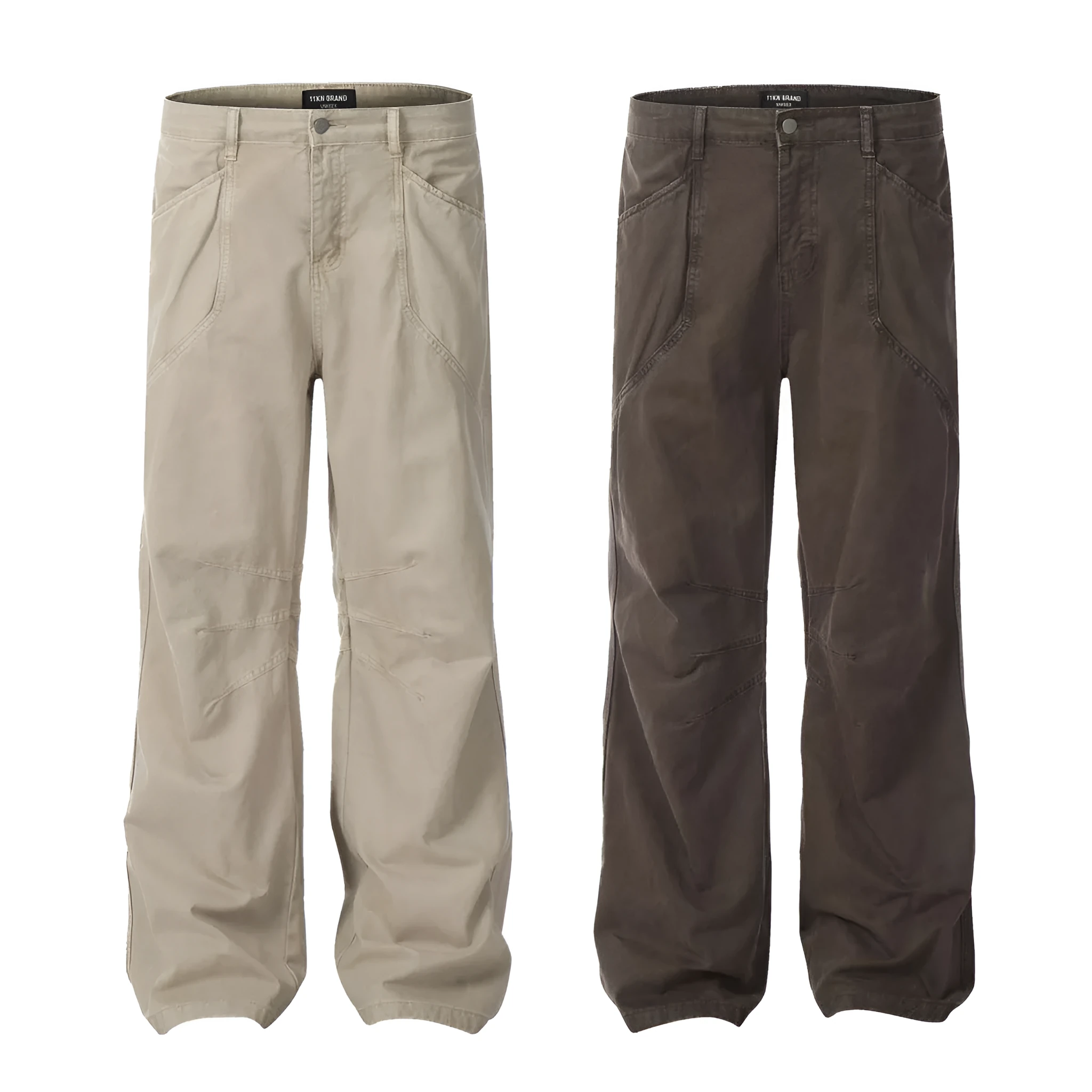 Men's loose straight-leg trousers in brown colour with high-waist design and zipper fly closure