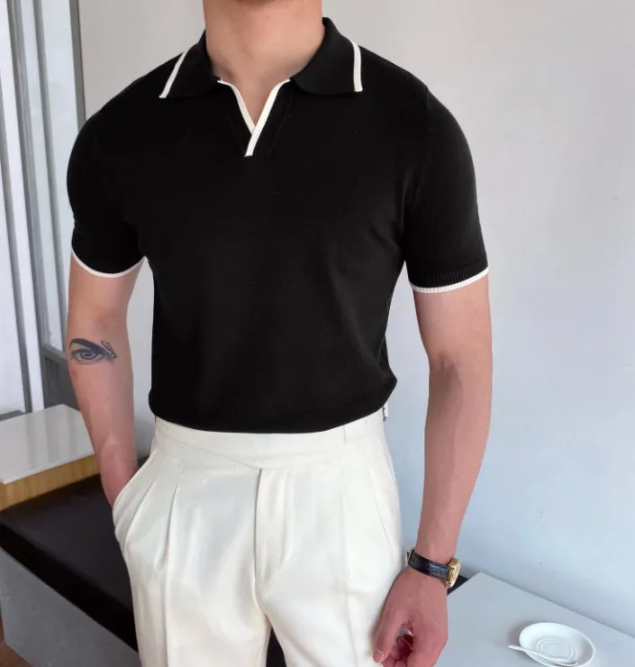 Men's summer red lapel knitwear top with short sleeves and flocking detail in viscose