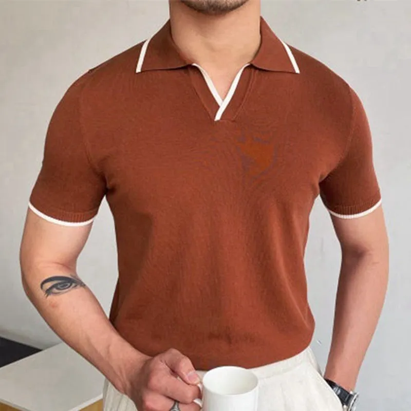 Men's summer red lapel knitwear top with short sleeves and flocking detail in viscose