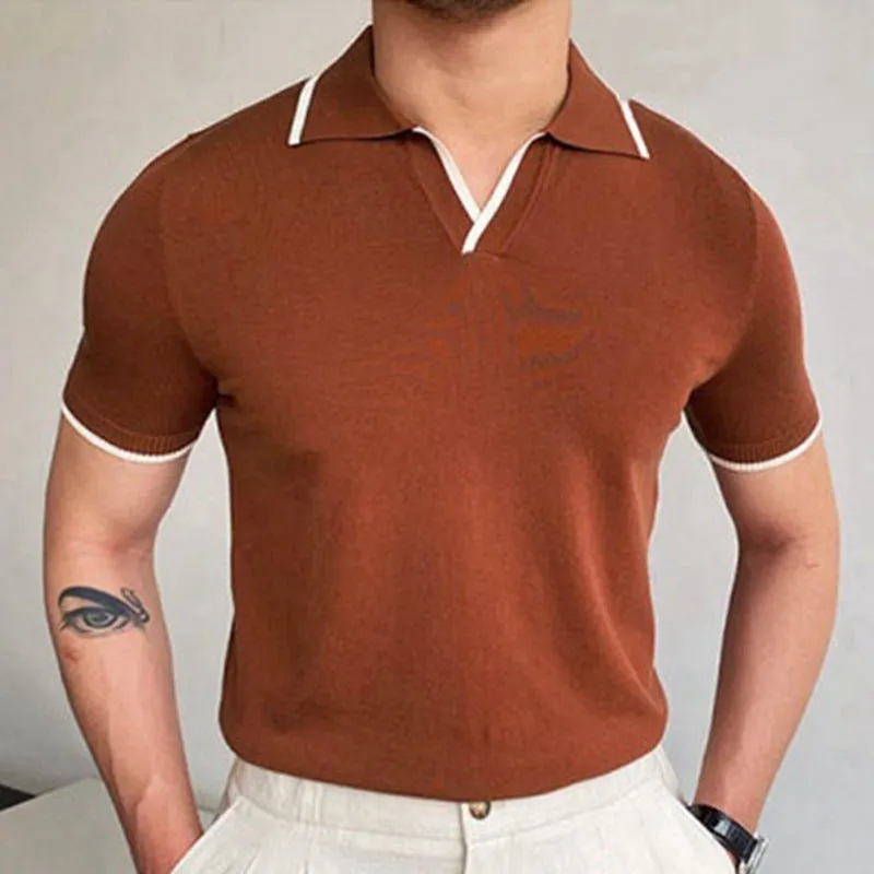 Men's summer red lapel knitwear top with short sleeves and flocking detail in viscose