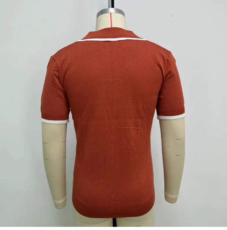 Men's summer red lapel knitwear top with short sleeves and flocking detail in viscose