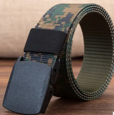 Men's hypoallergenic woven canvas belt with plastic square buckle in green, khaki, and camouflage colours