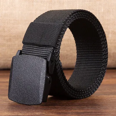 Men's hypoallergenic woven canvas belt with plastic square buckle in green, khaki, and camouflage colours