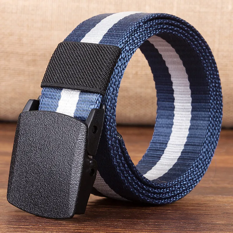 Men's hypoallergenic woven canvas belt with plastic square buckle in green, khaki, and camouflage colours
