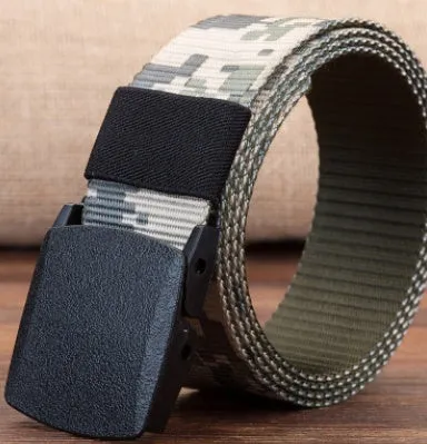 Men's hypoallergenic woven canvas belt with plastic square buckle in green, khaki, and camouflage colours