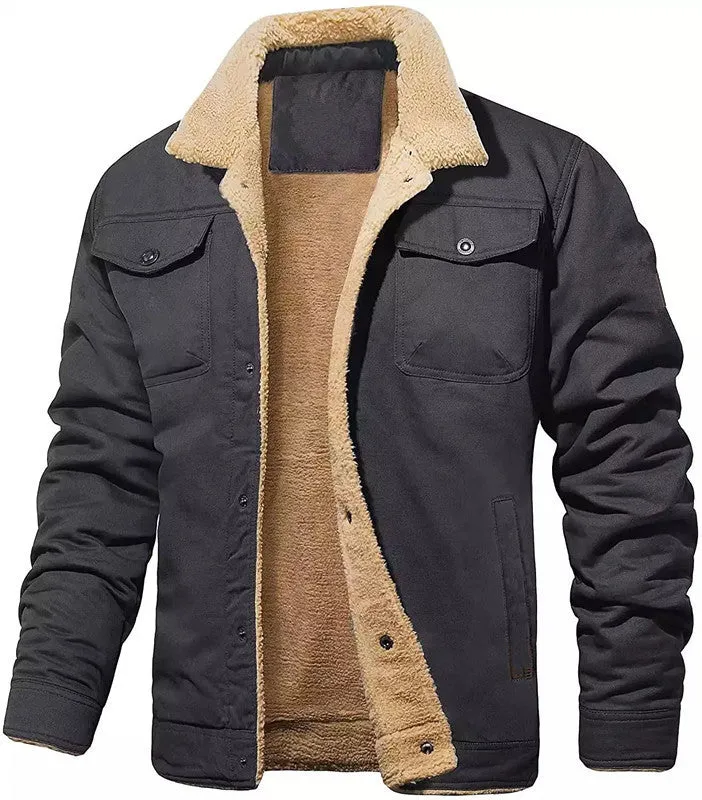 Men's cotton fleece-lined mid-length overalls jacket in khaki with patch pockets and straight hem