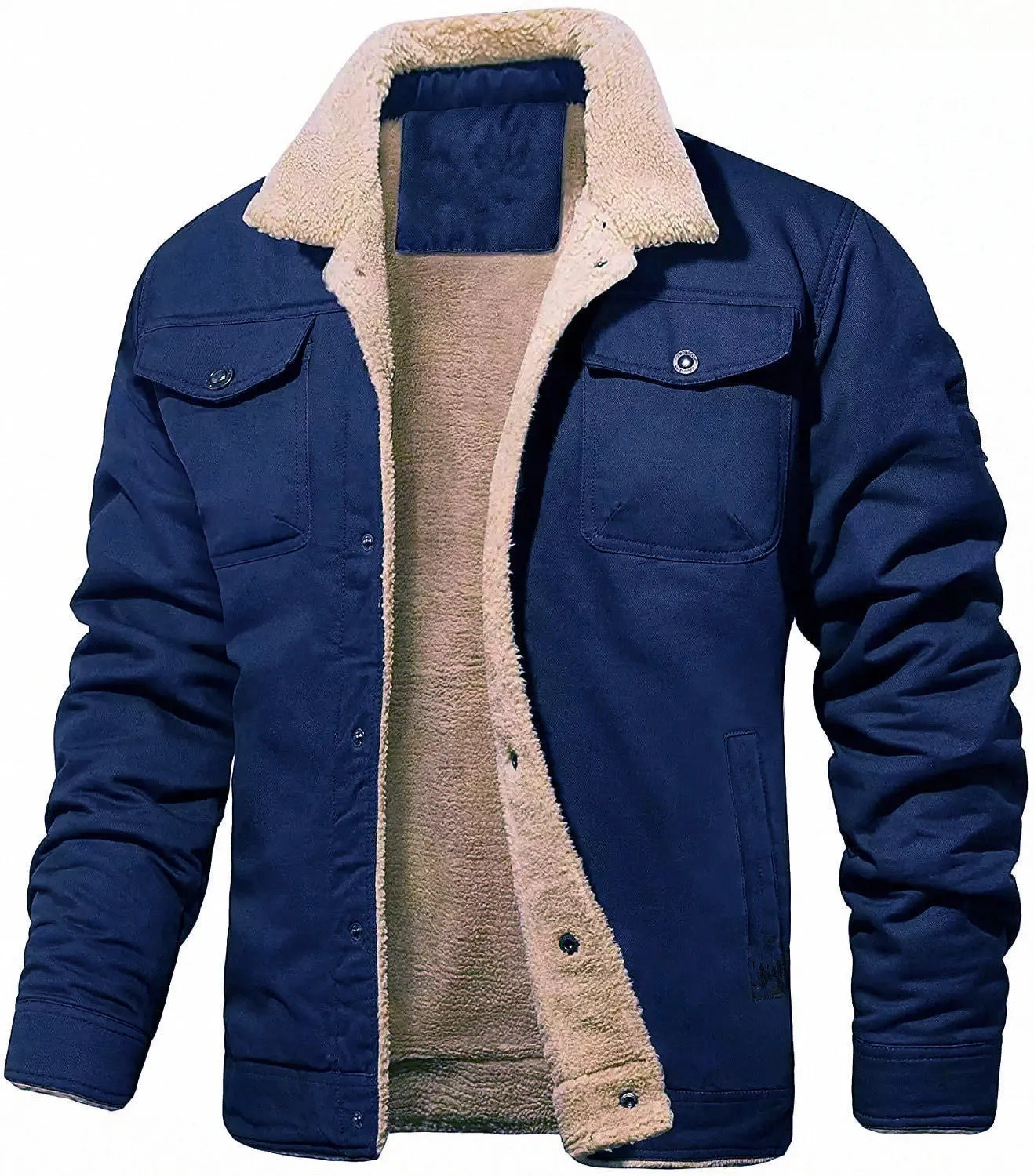 Men's cotton fleece-lined mid-length overalls jacket in khaki with patch pockets and straight hem