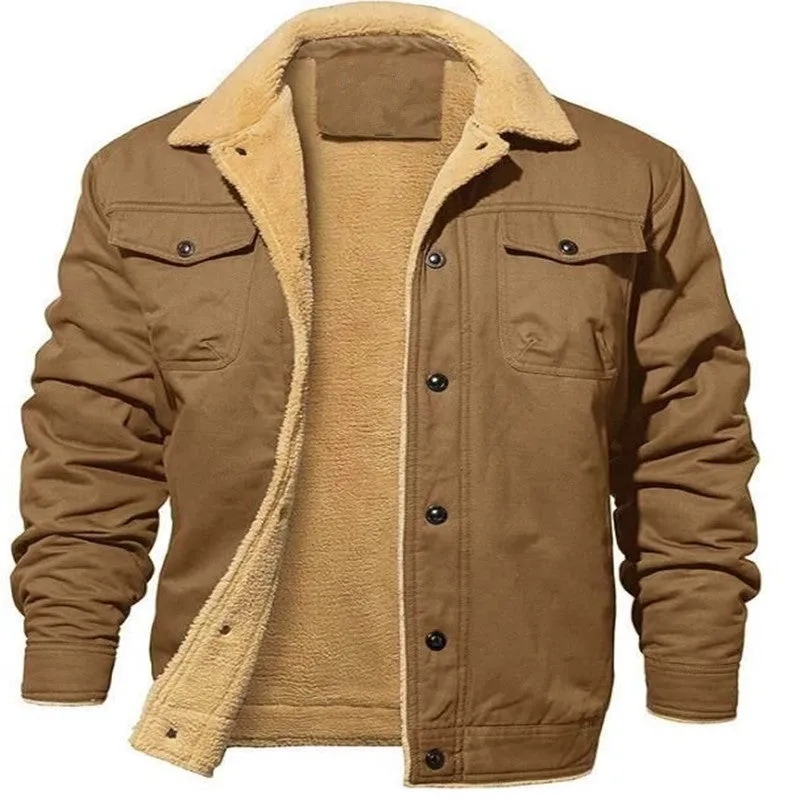 Men's cotton fleece-lined mid-length overalls jacket in khaki with patch pockets and straight hem