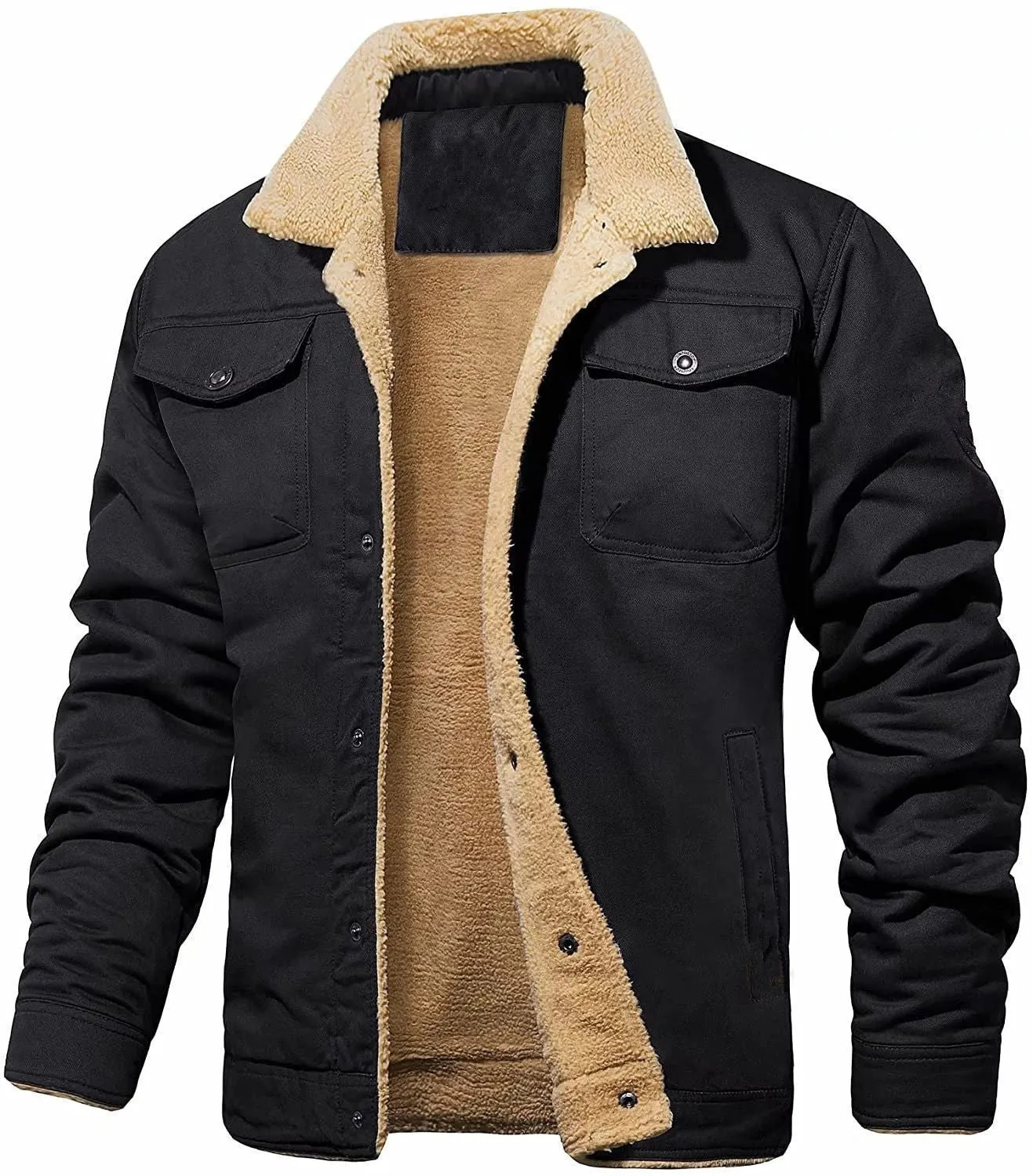 Men's cotton fleece-lined mid-length overalls jacket in khaki with patch pockets and straight hem
